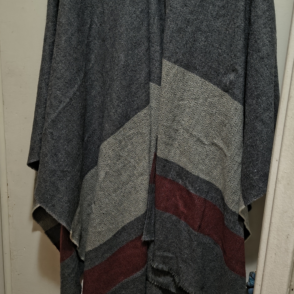 Gray and Burgundy Striped Poncho